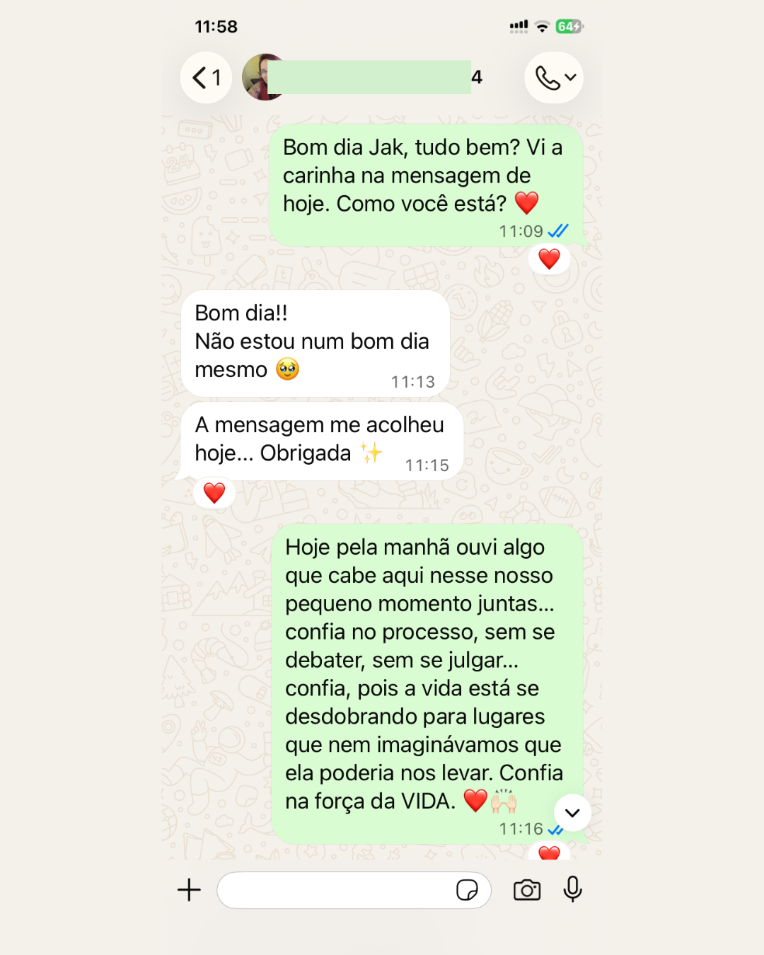 Mensagem de uma participante dizendo que o áudio a acolheu em um dia difícil